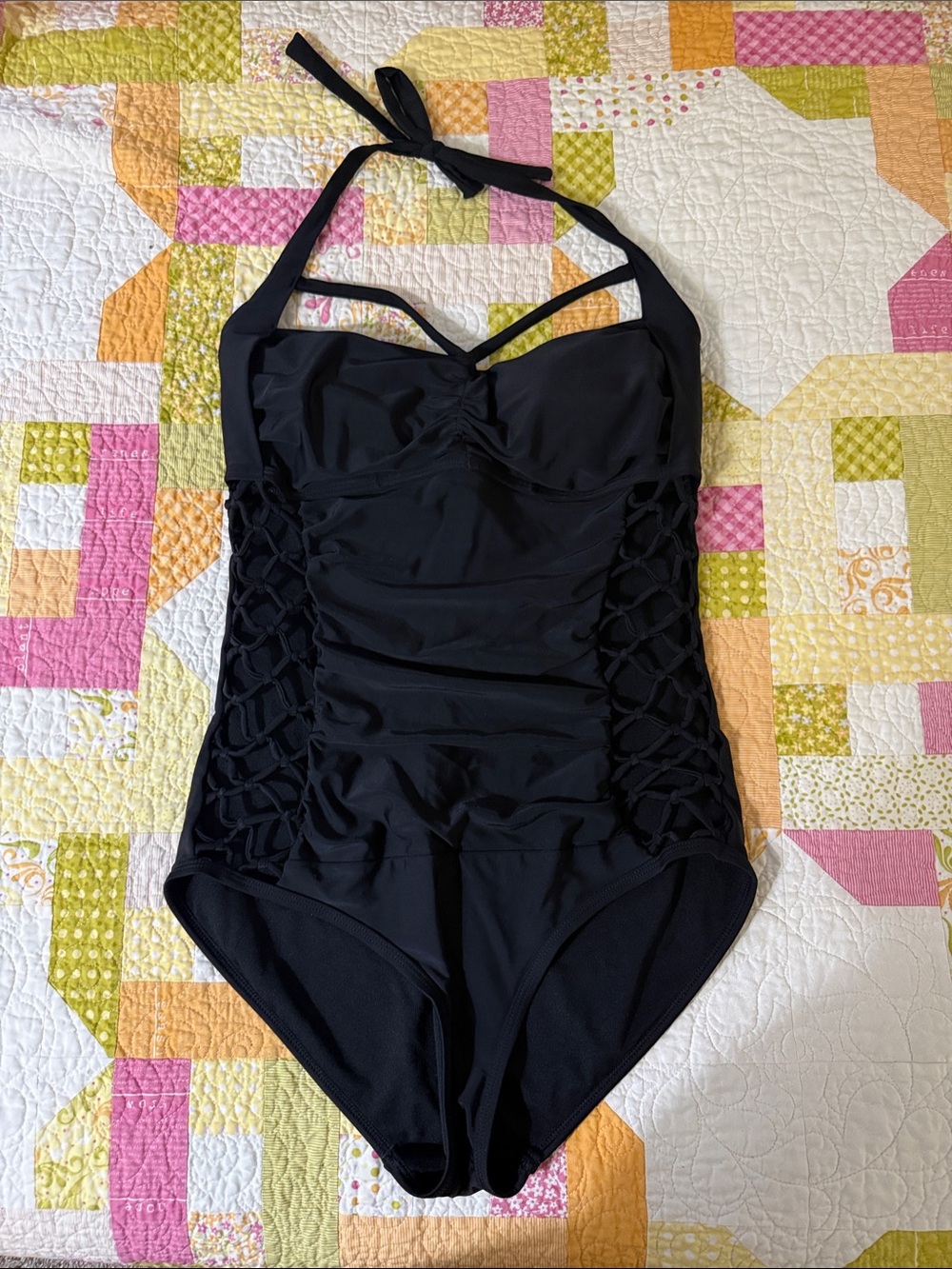 Swimsuits For All Black Halter One-Piece with Side Lattice